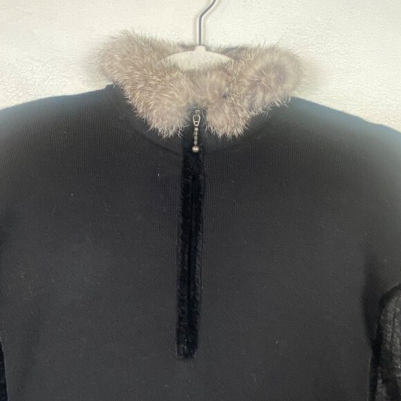 Meister 100% Merino Wool Rabbit Fur Collar 1/4 Zip Sweater Black Velvet Trim - Picture 5 of 11